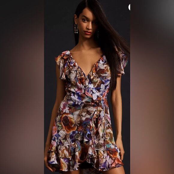 Anthropologie Ruffled Mini Wrap Dress Brown Floral Size L - Picture 5 of 9